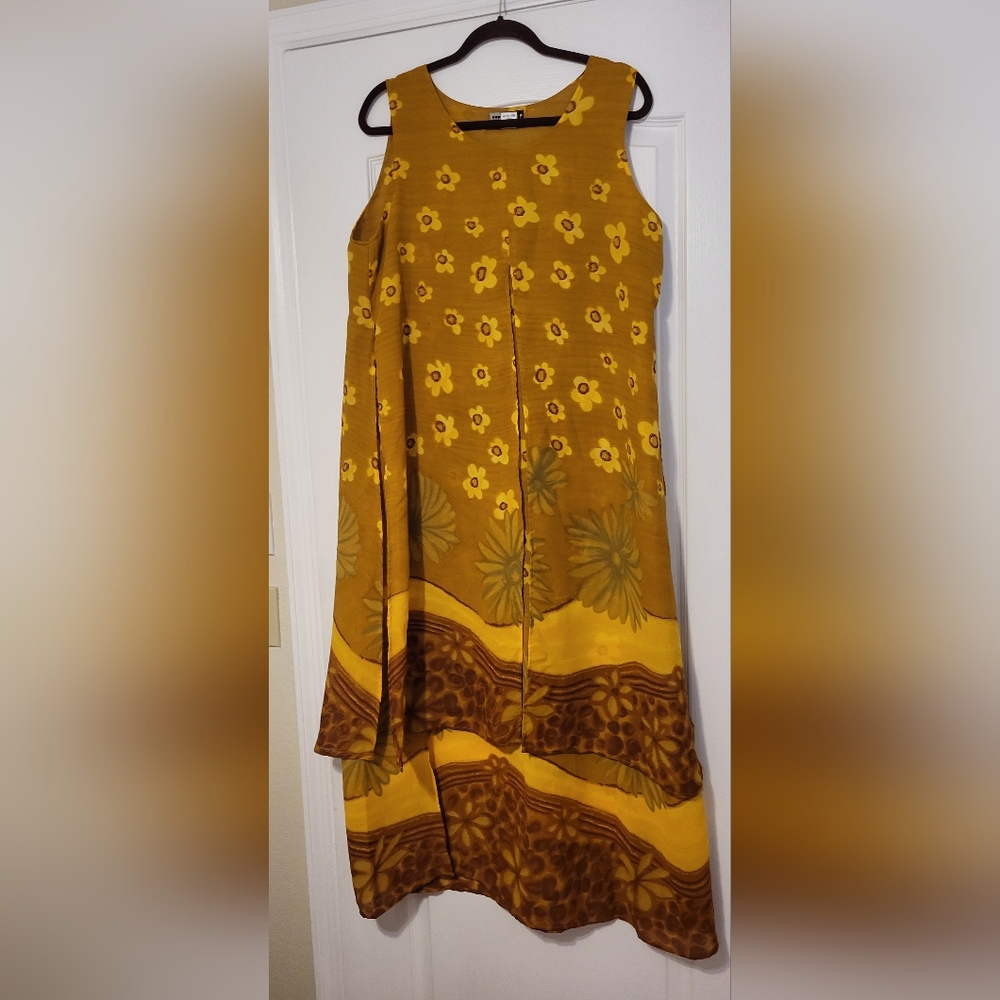 Yellow and Brown Maxi Sundress for Casual Wear With Loose Over Dress